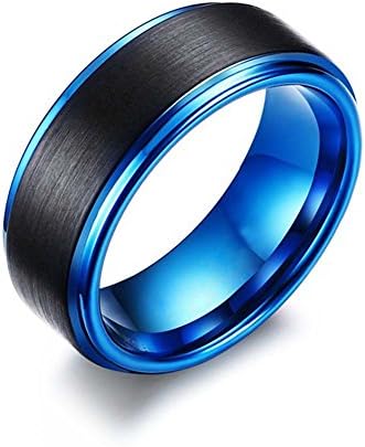 Classical Simple Polished Blue with Black Tungsten Men's Wedding Band Ring 8mm Width Size 7-12
