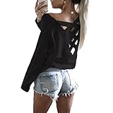 Antopmen Women Summer Back Crisscross Lace Up Tops Loose Fit Long Sleeve Tee