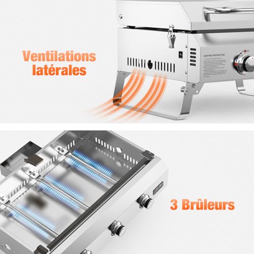 onlyfire Plancha à Gaz de Table en Inox, Barbecue Gaz avec Couvercle et 3 Brûleurs 7kW, Plancha 57x36cm avec Revêtement en Céramique Antiadhésif, Pieds Pliables pour Terrasse, Balcon et Camping