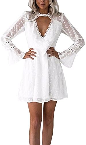 YiKeZhiXiu Women's Sexy V Neck White Lace Casual Long Sleeve A Line Evening Party Mini Dress, Snow, L