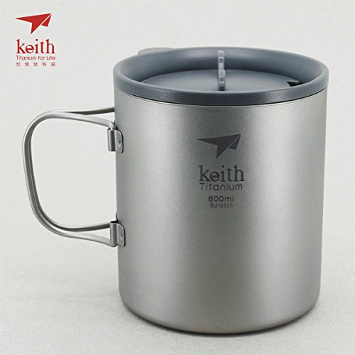 Keith Titanium Ti3356 Double-Wall Mug with Folding Handle and Lid - 20.3 fl oz