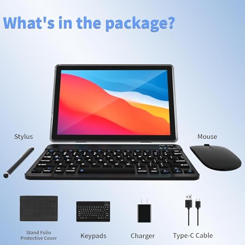 ECOPAD Android 15 Tablet, 10 Inch Tablets with Keyboard Mouse 12GB RAM + 64GB ROM +1TB Expand, 2 in 1 Tableta with WiFi 6 / Bluetooth/GMS Certified/IPS Touch Screen, Black Set