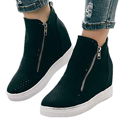 Wedge Sneakers Platform Perforated Hidden Heel High Top Ankle Booties Black