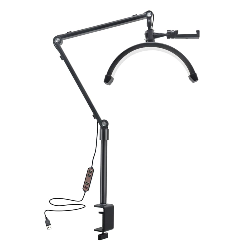 Andoer 10W Desktop LED Video Light Half-moon Shaped Fill Light 3200K-5600K Dimmable 10 Brightness Adjustable with USB Cable C-Clamp Desk Mount Stand for Vlogging Beauty Salon Makeup Live Streaming