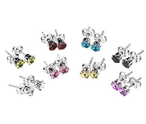 Earrings, Jsmoris 316 Surgical Stainless Steel Womens Cubic Zirconia Stud Earrings Multicolor Set Ear Piercing 8 Pairs