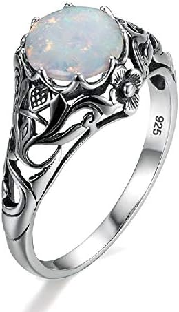 SzjinAo Rings Round White Opal Antique Band Hollow Flower Ring for Women and Man in Wedding Engagement Birthday Promise Gift with Gift Box