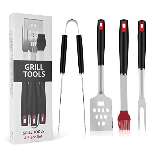BBQ Tools Grill Set Barbecue Accessories Stainless Steel Grilling Utensils Barbecue Tools Tongs, Meat Fork, Basting Brush And Grilling Spatula With Bottle Opener Grill Parts 4pcs