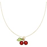 Izpack Cute Cherry Pendant Necklace Stainless Steel Red Agate Bead Fruit Acrylic Leaf Adjustable Chain Choker Necklace Fashion 18K Gold Plated Jewelry Gifts for Women Bff