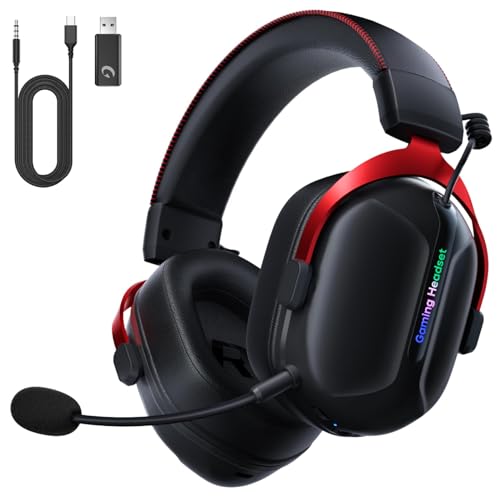 Gonbouyoku Wireless Gaming Headset, 2.4GHz USB Gaming Headphones for PS5, PS4, PC, Fortnite, Switch, Mac with Bluetooth 5.3, 60H Battery, ENC Noise Canceling Microphone, Gamer Headphones, Red