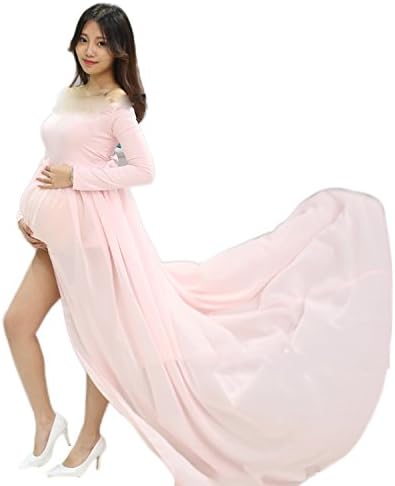 YUOI Maternity Split Front Chiffon Maternity Gown Maxi Dress for Photos Shoot Apricot