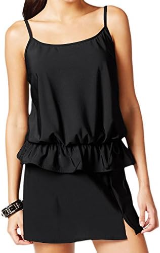 Swim Solutions Tummy Control Blouson Easy Fit Ruffle Hem Tankini Swimsuit Swimwear Top &amp; Skirted Bottom Black, 8 / 10
