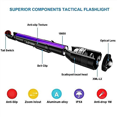 LETION LED Torch Rechargeable,Torches LED Super Bright Powerful 1500 Lumens, Waterproof, 5 Modes Zoomable Tactical Flashlight 2x18650 2600mAh Rechargeable Batteries