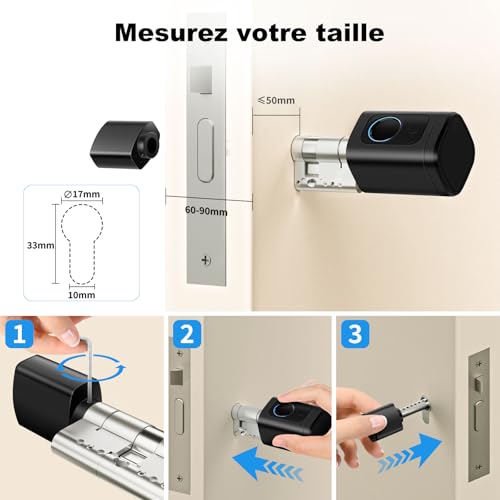 Smart Lock, Electronic Fingerprint Lock, Adjustable Length Smart Lock, Electronic Lock with RFID Card Application, WiFi, Bluetooth, 60-90mm, Extension Accessories, Black