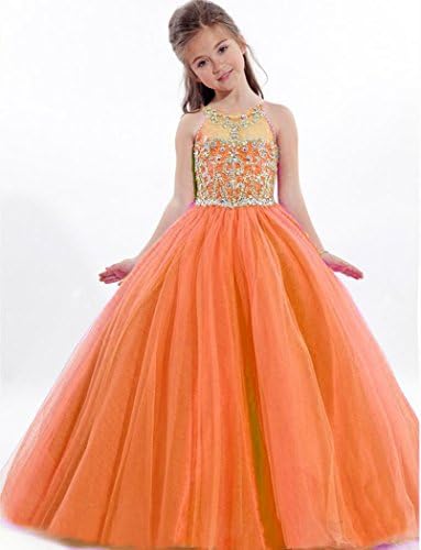 Aiduo Big Girls Floor Length Beaded Organza Pageant Dress (14, Orange)
