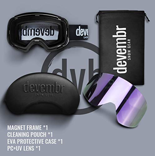 devembr OTG Ski Goggles PRO, Snowboard Goggles Anti-Fog, Magnet Interchangeable Lens, UV Protection, Helmet Compatible for Men & Women, Snow Goggles with Hard Case, Skiing Snowmobile Skating, VLT 16%