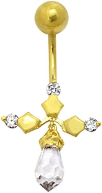 14K Solid Yellow Gold Jeweled Fancy Cross with Crystal Dangling Belly Ring
