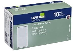 Leviton 5601-2WM 15 Amp, 120/277 Volt, Decora Rocker Single-Pole AC Quiet Switch, Residential Grade, Grounding, 10-Pack, White