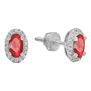 Dazzlingrock Collection 14K 6X4 MM Each Oval Lab Created Gemstone & Round Diamond Ladies Halo Stud Earrings, White Gold