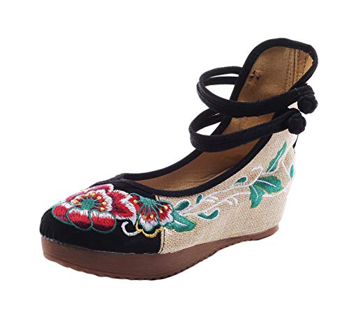 AvaCostume Women's Embroidery Floral Strappy Round Toe Platform Wedges Cheongsam 43 Black