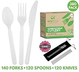 Ecoridge Compostable Utensils Plastic Silverware Cutlery Set - 380pc (140 Forks, 120 Spoons, 120 Knives) - Eco Biodegradable Plastic Utensils Compostable Cutlery Heavy Duty Fork Spoon Knife Set