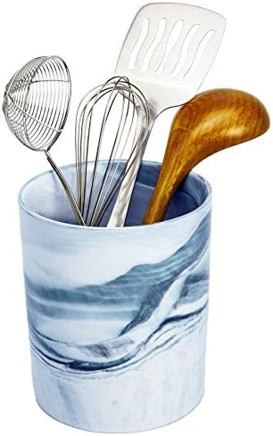 Porcelain Kitchen Utensil Crock - Ceramic Planter Flower Pot - Sky Blue Decorative Marble Food, Art and Office Supplies Holder - Vegetable Storage - by Marbelous