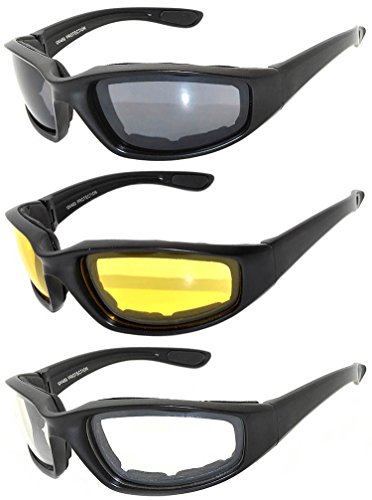 Set of 3 Pairs Black Motorcycle Padded Foam Glasses Smoke Yellow Clear Lens Owl