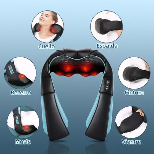 Masajeador de Espalda, Masajeador de Cuello y hombros con Calor para Alivio del Dolor Muscular,Masaje Cuello Shiatsu con 4D Rotación y 3 Velocidades, 8 Cabezales de Masaje,Negro Y Azul