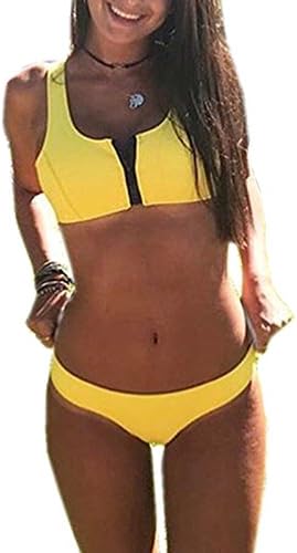 Lyheller Womens Sexy High Waist Zipper Front Bandage Two Piece Bikini Sets Beachwear (Large, Yellow)