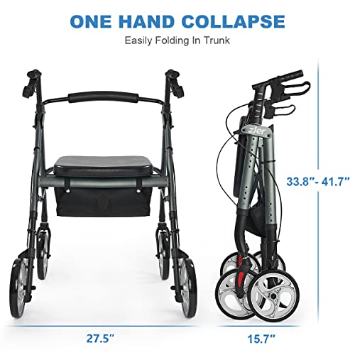 Zler Heavy Duty Rollator Walker 400 lbs Bariatric Rollator Walker with Extra Wide Padded Seat