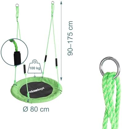 Baloiço de ninho redondo, alças de espuma, para crianças, ajustável, exterior, Ø: 80 cm, até 100 kg, verde