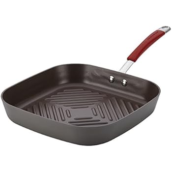 Rachael Ray Cucina Hard-Anodized Nonstick 11-Inch Deep Square Grill Pan, Gray with Cranberry Red Handle - 87632