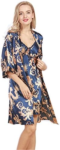 Daiwenwo Women Robe Gown Set Sleepwear Faux Silk Luxurious Ladies Summer Bath Robe Nightdress 2 Pcs Set Female Pajamas (M, WP322-Blue)