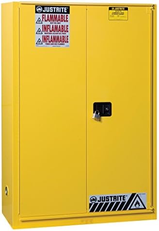 JUSTRITE Manufacturing 894580 Yellow 18 Gauge CR Steel Sure-Grip EX Flammable Safety Cabinet with 1 BI-Fold Self-Close Door, 45 gal Capacity, 43" W x 65" H x 18" D, 2 Shelves