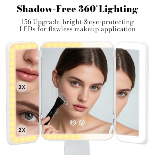 SIMETRA Vanity Mirror with Lighting & Touch Screen, 15.6-inch Rechargeable Trifold Standing Mirrors with 3 Color & Adjustable Brightness, Foldable 3000mAh Cordless Makeup Mirror or Trave,Bedroom,White