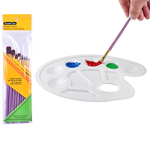 Geboor 4pcs Paint Tray Palette with Ten-Well Thumb Hole and 10pcs Watercolor Paint Brush Pen Set Perfect for Painting Canvas, Ceramic, Clay, Wood, Models