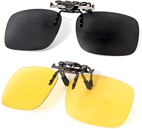 GREAT PICK Clip on Polarized Sunglasses Clip on Polarized Night Vision Flip up Anti reflective Anti Glare UV-400 To Wear Over Prescription Glasses Pack of Two