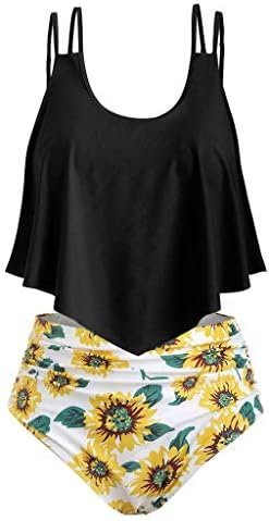 Cenglings Women Sunflower Print Two Pieces Bathing Suits Ruffled with High Waisted Bottom Tummy Control Bathing Suit