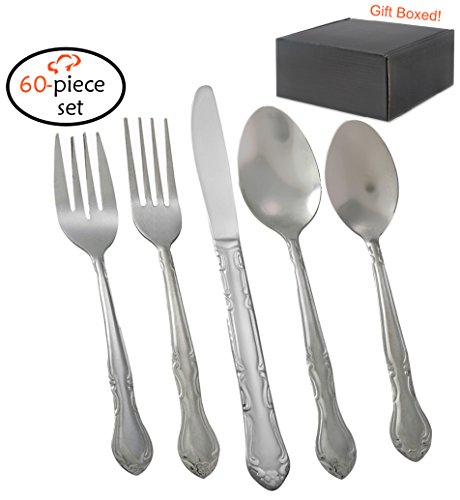 Tiger Chef 60-Piece 18/0 Stainless Steel Service for 12 Includes 12 Salad Forks Dinner Forks Knives Spoons Teaspoons