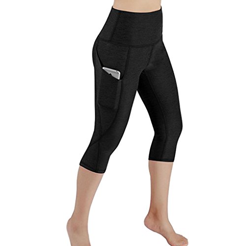 Fanteecy Yoga Pants for Women High Waist Out Pocket Power Flex Yoga Leggings Tummy Control Athletic Capris (M, Black)