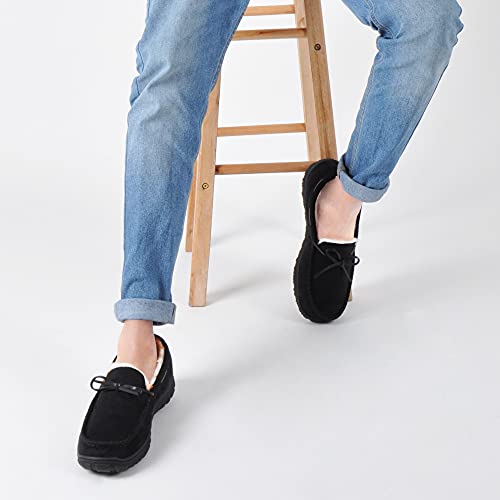 festooning Slippers for Men, Mens Moccasin Slippers with Soft Plush Warm Lining Casual Shoes Indoor Outdoor Non Slip Rubber Sole Black 10 M US