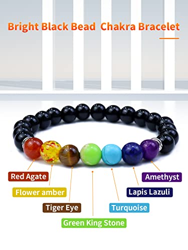 Agsnilove Crystal Healing Stones with Chakra Bracelet Set Bright Black Bead Stretch Bracelet 7 Chakras Gemstones Healing Crystal Meditation Spiritual Gifts
