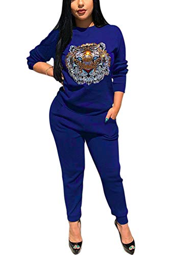 Deloreva Women Two Piece Outfits - Long Sleeve Fall Sweatsuit Jogging Suit Pant Set Activewear Jumpsuit Blue XXL