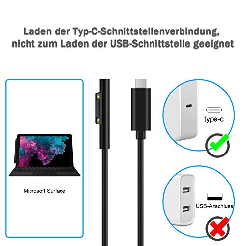 aifulo USB C Ladekabel für Ladeadapter Charger Cable,Type C PD für Surface Pro 3/4/5/6/Book 1/GO,Type C Ladekabel 12 V 3 A / 15 V 3A Aufladung Funktioniert mit PD,1.5 M