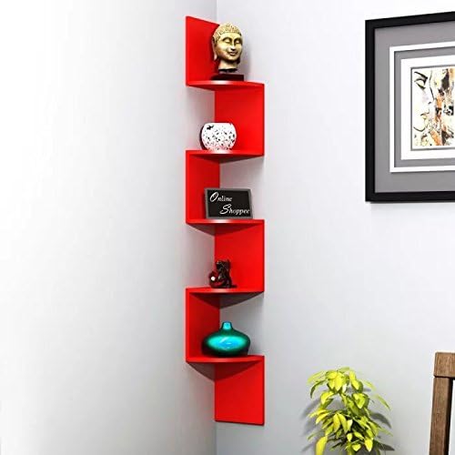 Onlineshoppee Wooden Fancy Zigzag Wall Mount Floating Corner Wall Shelf (Red)
