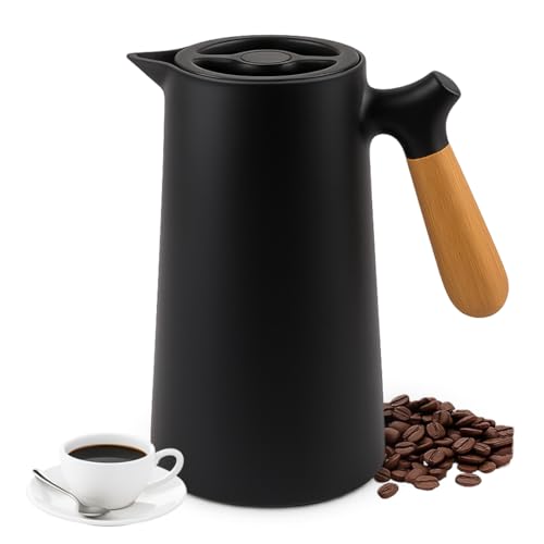 Garrafa Térmica Café 1 Litro Preta YAB Cabo de Madeira C/Botão Nórdica