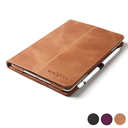 Boriyuan Ipad Pro 9.7 Hülle Echt Leder Case Smart Cover Schutztasche aus echtem Leder für das Apple iPad Pro 9.7 Zoll mit Standfunktion, Auto Sleep Wake up und Fach für Kreditkarten (Farbe: Braun)
