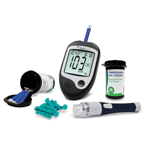 PRODIGY 10500 100ct Test Strips with AutoCode Talking Meter Starter Kit, PRODIGY AutoCode Blood Glucose Talking Meter, No Coding Blood Glucose Test Strips (2 vials of 50ct), Adjustable Depth Lancing Device, Twist Top Lancets 28G (10ct), Carrying Case, Quick Reference Guide, Owner's Manual