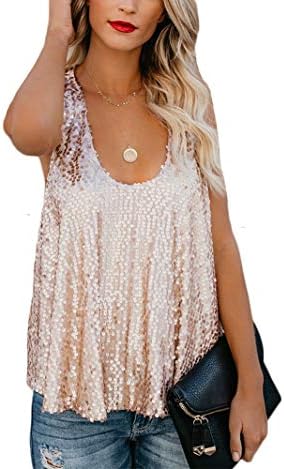 Canrulo Women Sleeveless Tops Shimmer Sequin Embellished Sparkle Tank Tops Loose Fit Vest