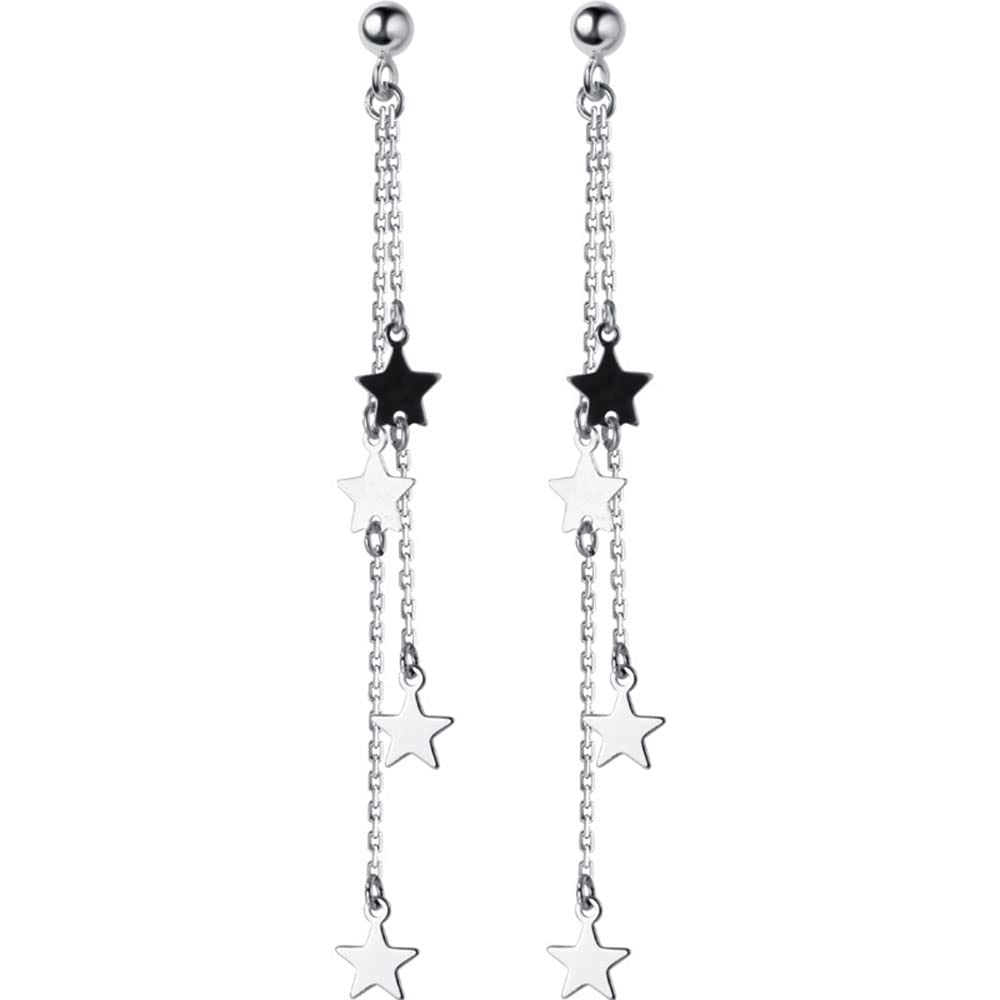 Tassel Star Threader Chain S925 Sterling Silver Long Dangle Drop Earrings for Women Girls Elegant Cute Ball Stud Dangling Hanging Fashion Lucky Star Lightweight Jewelry Gifts Birthday