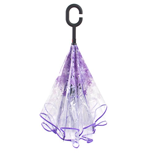 WASING Double Layer Inverted Umbrella Cars Reverse Umbrella, Windproof UV Protection Big Straight Umbrella for Car Rain Outdoor with C-Shaped Handle (Transparent Purple)